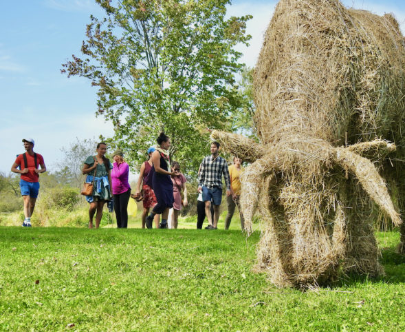 A group of visitors view Brian Sobaski's Kernza Cow sculpture.