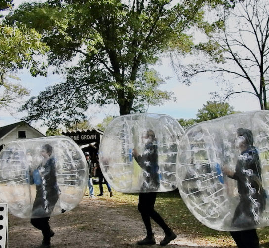 Fermentation "Bubble" Dance performed by Wormfarm resident artists wearing big bubble costumes.